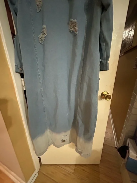 Long Distressed Denim Jacket Dress - Light Blue - Picture 7 of 9
